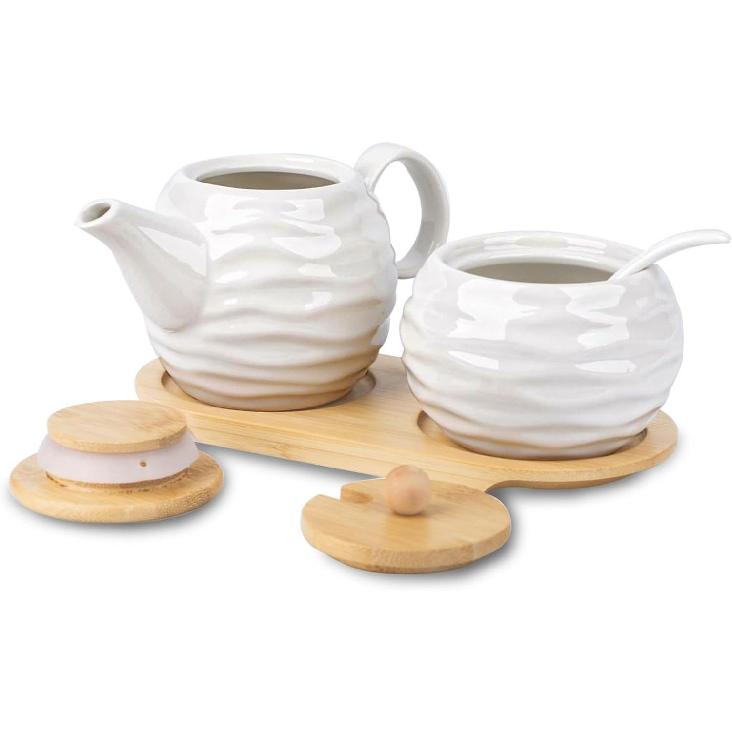 

Ceramic Sugar and Creamer Set with Tray & Spoon - Elegant Milk Jug and Sugar Bowl Set for Coffee Bar Accessories -Modern Serving Set for Afternoon Tea X4