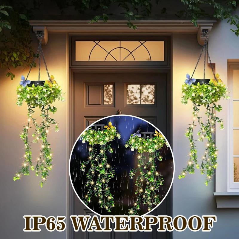 2pcs Solar Hanging Garden Lights, With LED Butterfly Hanging Ivy Vine Fake Leaves Decor IP65 Waterproof for Garden Wedding Decor