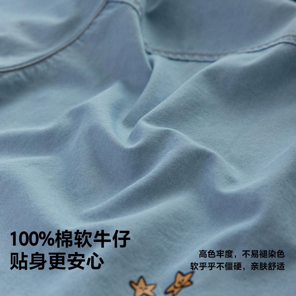 [Pure Cotton] Mini Balabala Boys' Short Sleeved Shirt Denim Soft Breathable Lightweight Top 26 Summer New Product