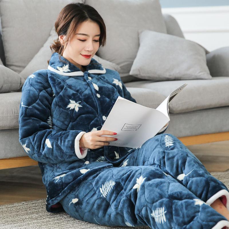 Pajamas women's three-layer thickened and cute winter can wear large-size warm padded loungewear