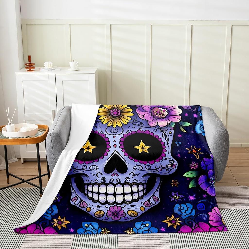 Erosebridal Sugar Skull Throw Blanket Romantic Rose Floral Fleece Blanket Queen Mysterious Starry Sky Blanket Exotic Skeleton