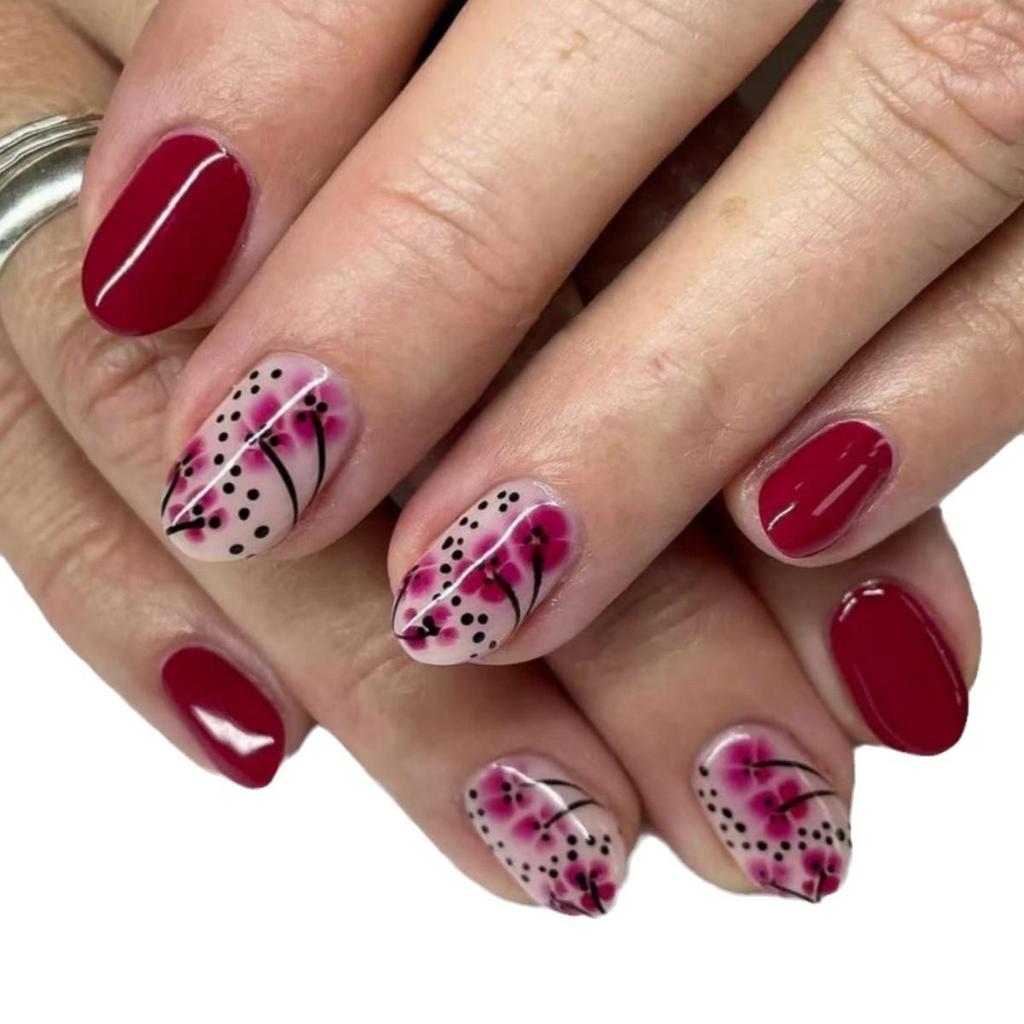 Cherry Blossom Wearable French False Nails - Removable Irregular Nail Art Patches