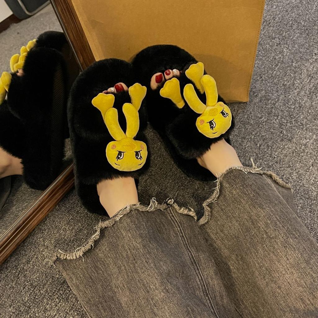 Fashion Versatile Fluffy Slippers Women's 2025 Autumn and Winter New Cute Thick-bottomed Warm One-word Cotton Slippers Women's Outer Wear