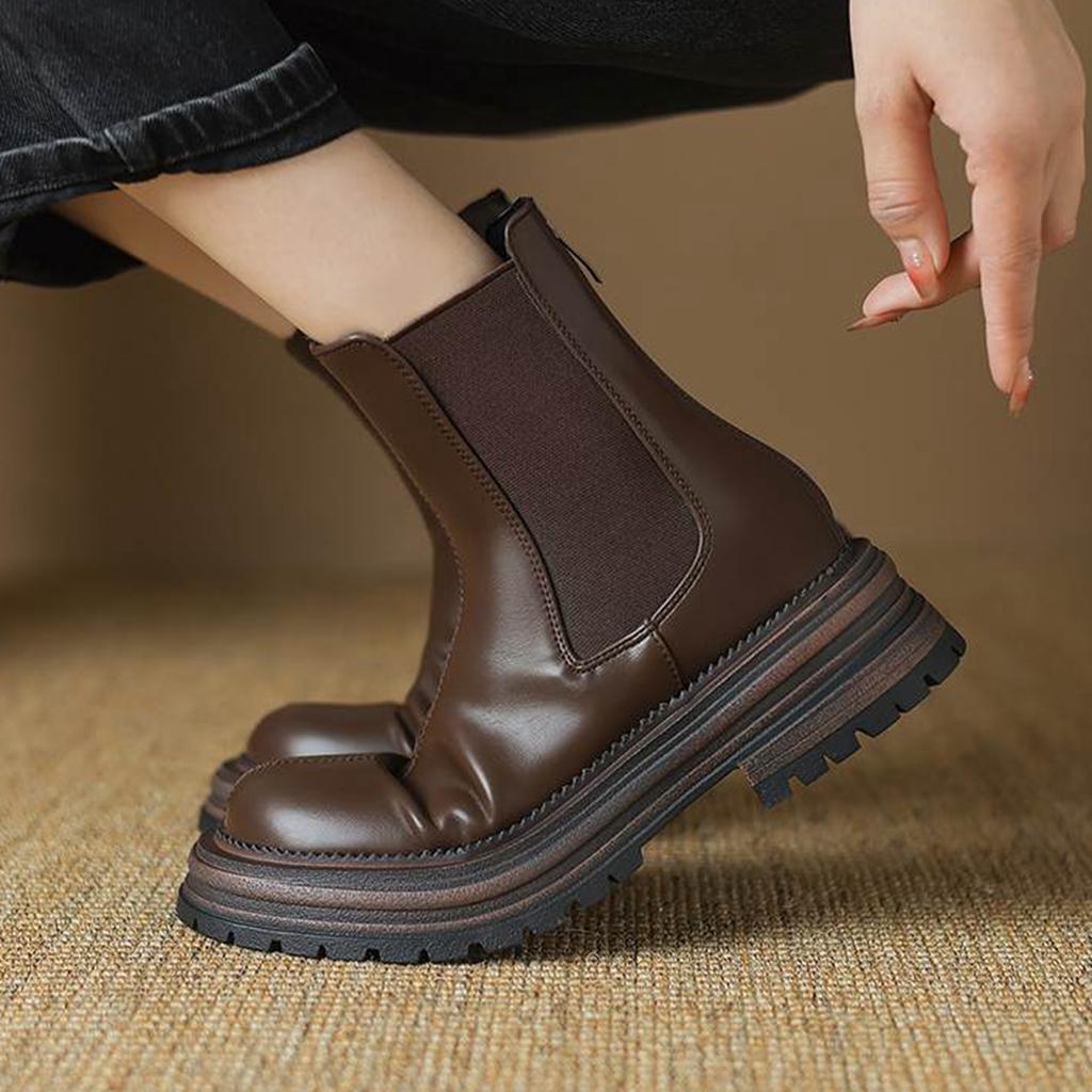 Krazing Pot Microfiber Autumn Winter Shoes Thick High Heels Zipper Platform Size 43 Motorcycle Boots Knitwear Ankle Boots