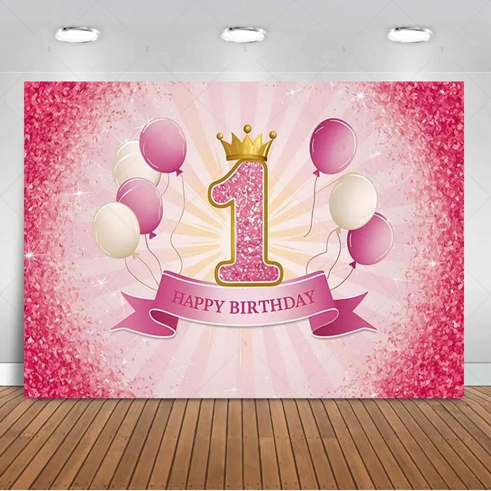 1. Geburtstag Party Dekorationen Rosa Gold Ballons Glitzer Hintergrund Banner Neugeborenen Kulisse Zubehör Fotografie Requisiten Kinder Geschenk