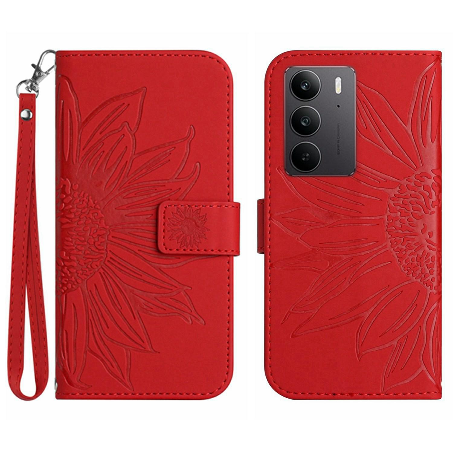 

For Realme C75 4G Case Sunflower Imprint Leather Wallet Phone Cover with Wrist Strap Red