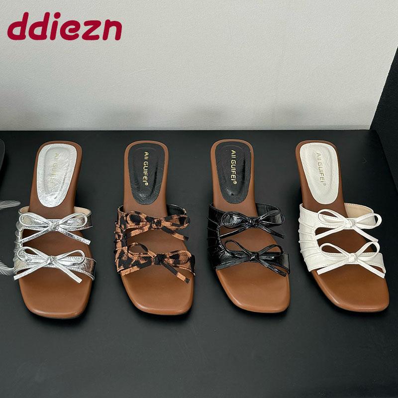 Fashion Fashion Square Toe Ladies 4cm Heels Sandals Slides Female Butterfly-Knot Footwear Elegant Women Heeled Sandals Shoes Pumps