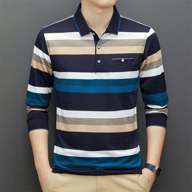 CHIC STUDIO Gestreept T-shirt met lange mouwen voor mannen van middelbare en oudere leeftijd met revers voor de lente en herfst, casual losse vaderoutfit, poloshirt, ondershirt voor mannen L