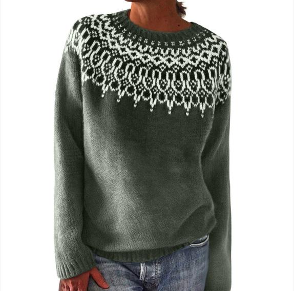 Women Geometric Pattern Knit Sweater Long Sleeve Casual Crewneck Pullover