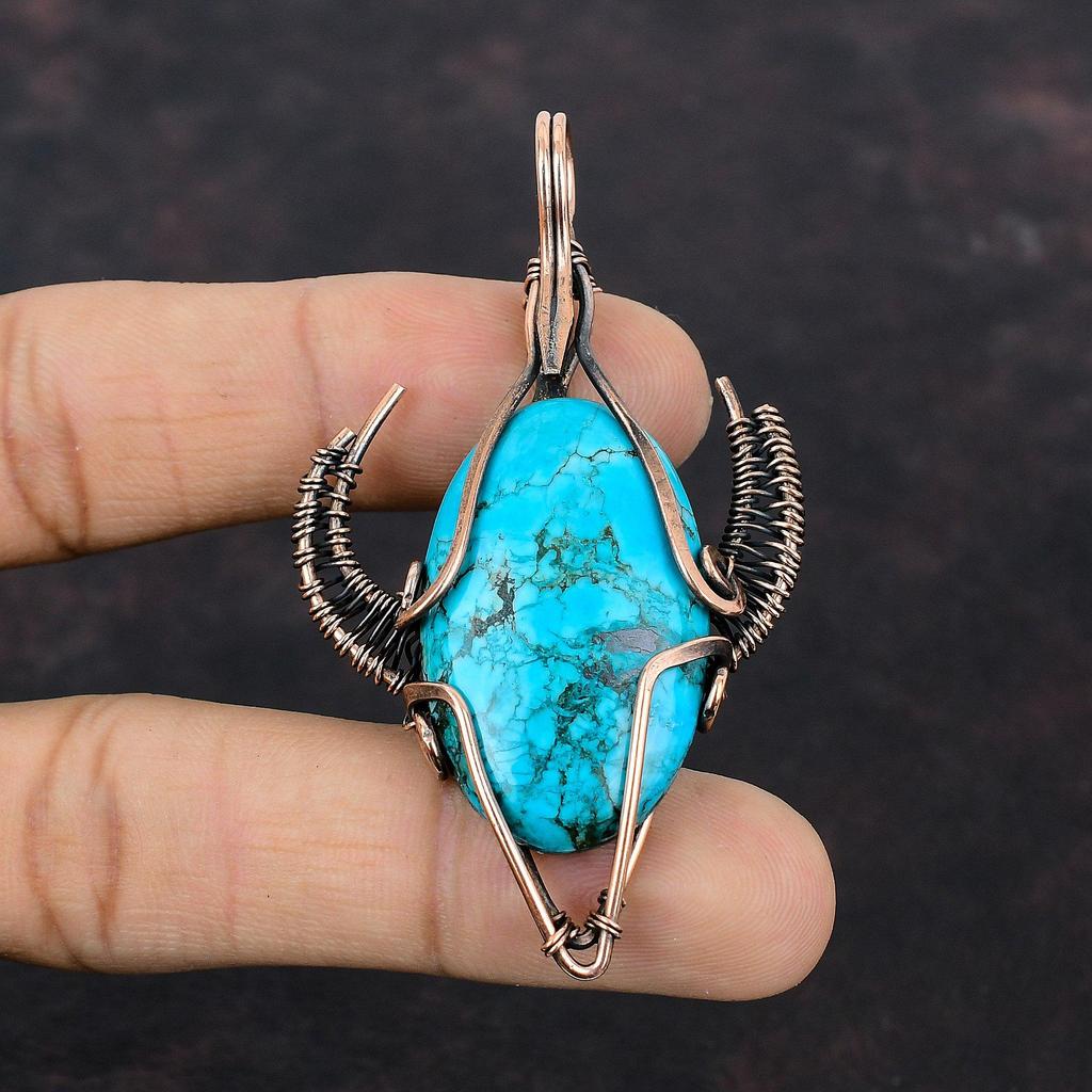 Tibetan Turquoise Pendant Copper Wire Wrapped Pendant Bull Face Shape Pendant Gemstone Handmade Pendant Copper Designer Jewelry Gift For Her