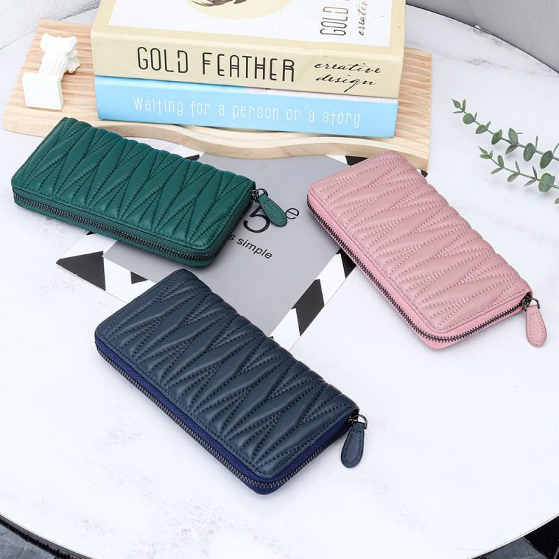 Sheepskin Embroidered Wrinkled Long Wallet Women Large Capacity Multi-slot Hand-held Zipper Bag