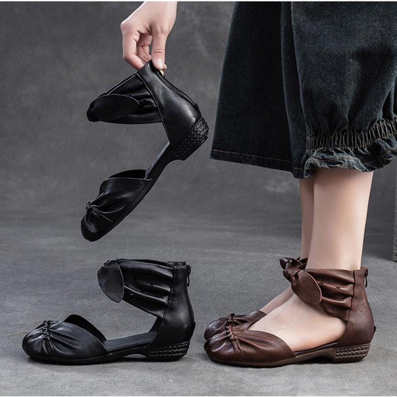 Johnature Genuine Leather Comfortable Breathable Sandals Peep Toe Low Heel Versatile Retro Women's Shoes