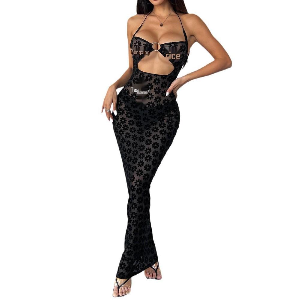 French Chic Metal Ring Halterneck Sheer Sexy Dress
