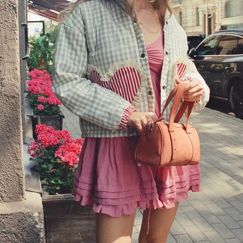 Damen Winter Streetwear Patchwork Karomuster Baumwollmantel Lockere Passform Runder Halsausschnitt Langarm Oberbekleidung