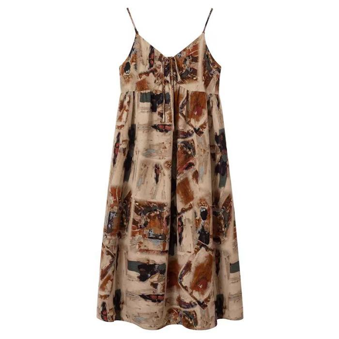 Holiday Style Splicing Printing Suspender Dress Women's Summer New Design Sense Niche Loose and Thin Long Dress