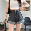 Summer 2024 Women's High-Waisted Retro Wide-Leg Denim Shorts with Rolled Hem