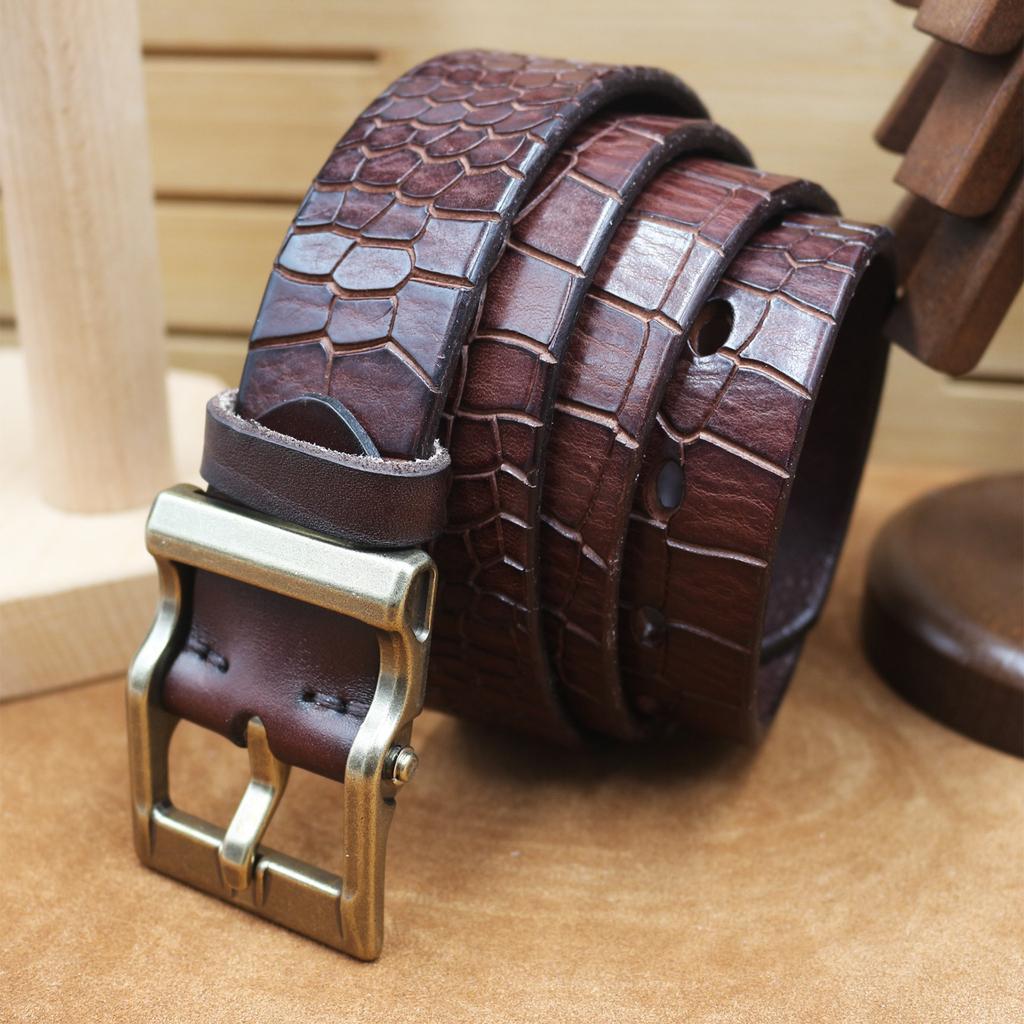 3.8CM Wide Fashion Trend Belt Genuine Leather Pin Buckle Retro Old Crocodile Pattern Head Layer Cowhide Belt Versatile Men