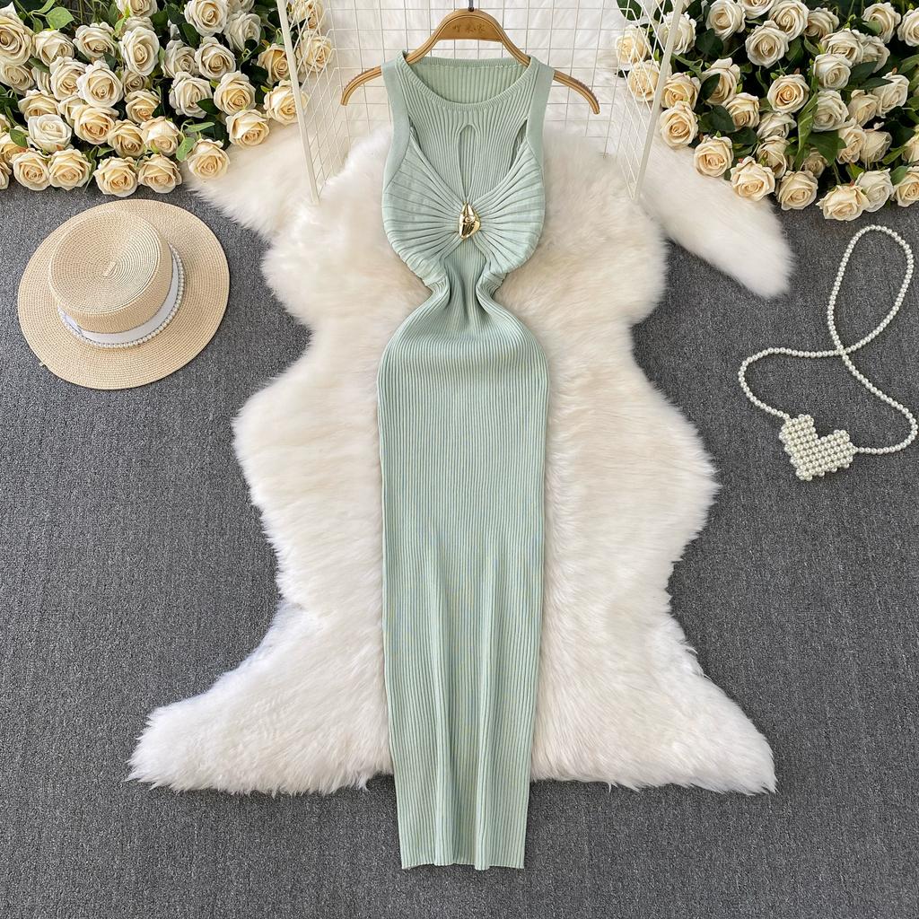 Summer Women Elegant Sleeveless Hollow Out Office Work Midi Knitted Sweater Pullover Sheath Dresses For Ladies