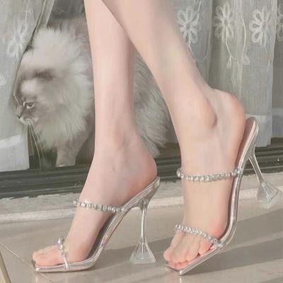 Ayaklarına iyi bak!! Rhinestone şeffaf yüksek topuklu sandalet kadın yaz tek bant kare burun seksi stiletto kristal terlik