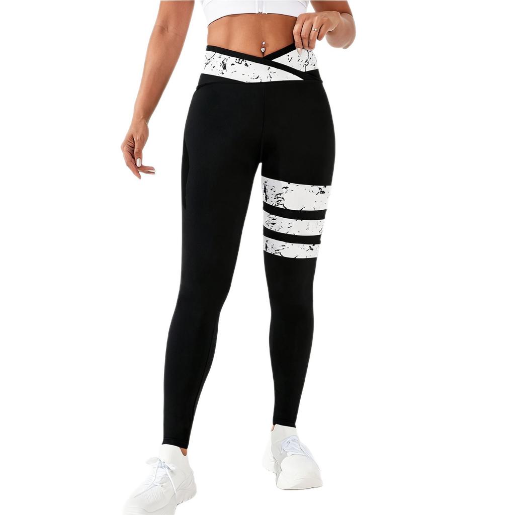 European and American women's clothing new cross-waist black and white contrasting colors casual yoga trousers high-waist hip-lifting elastic pants