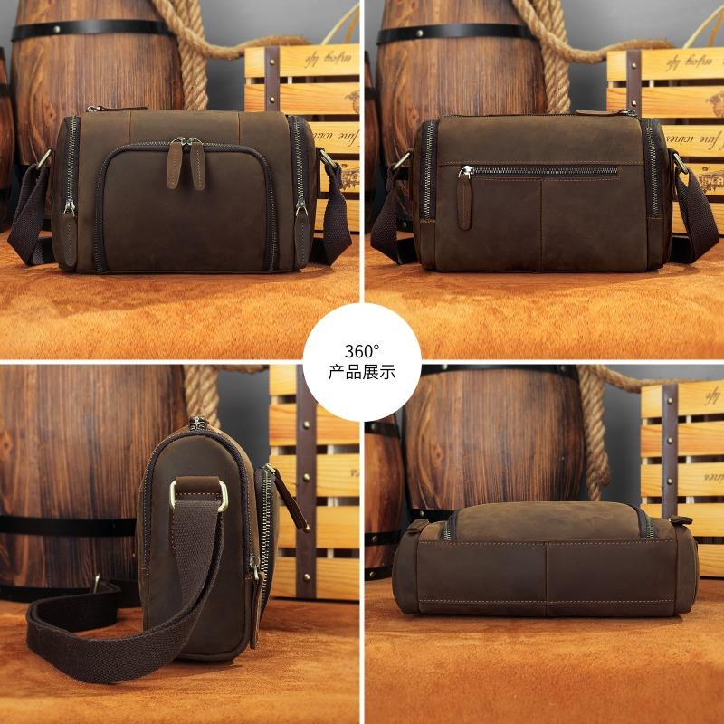 New horizontal cylindrical men's bag large capacity fashionable retro shoulder oblique span bag genuine leather men's bag