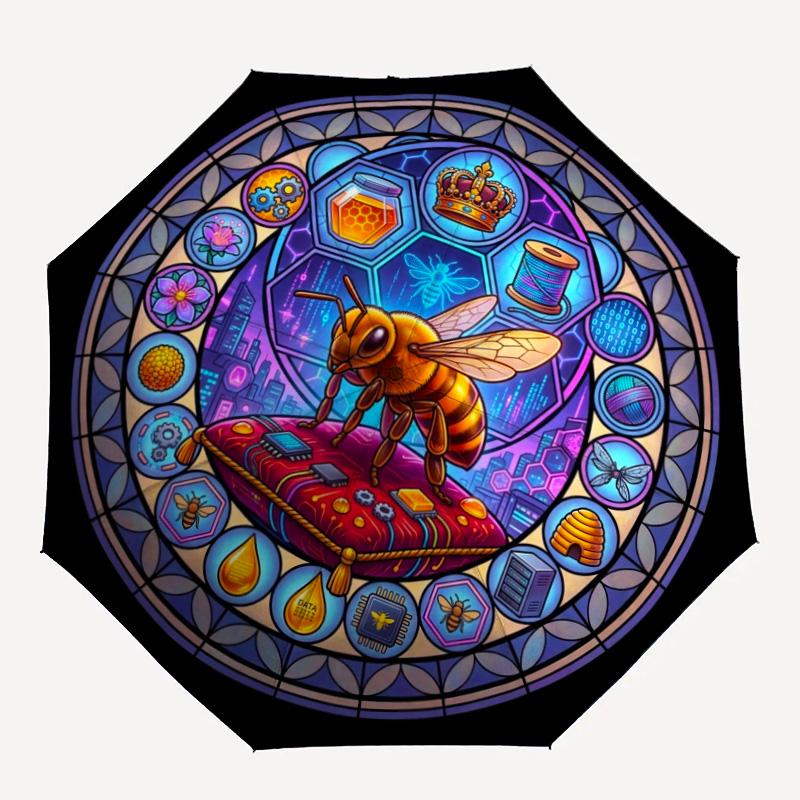 Cybernetic Moth Mandala pattern umbrella, portable and foldable design, 8 ribs, a casual accessory for Halloween, Christmas, and birthday gifts.