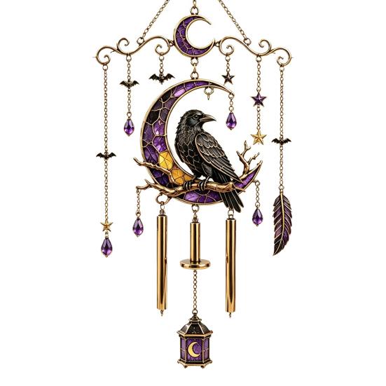 Bat Moon Themed Decor Halloween Stained Glass Style Wind Chime, Acrylic Suncatcher Hanging Ornament with Ghost Black Cat Raven Witch Festive