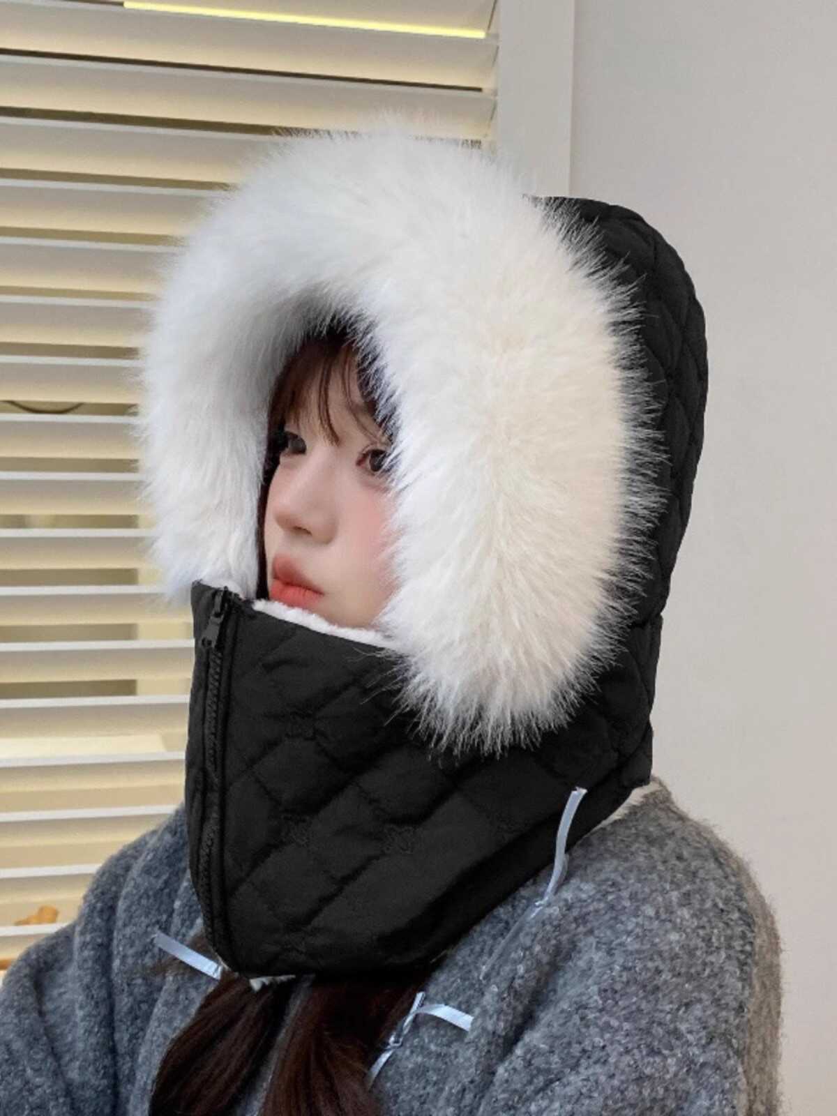 

Winter plush bag head hat female cute big burr warm down cotton hat winter ear hat M（56-58cm）