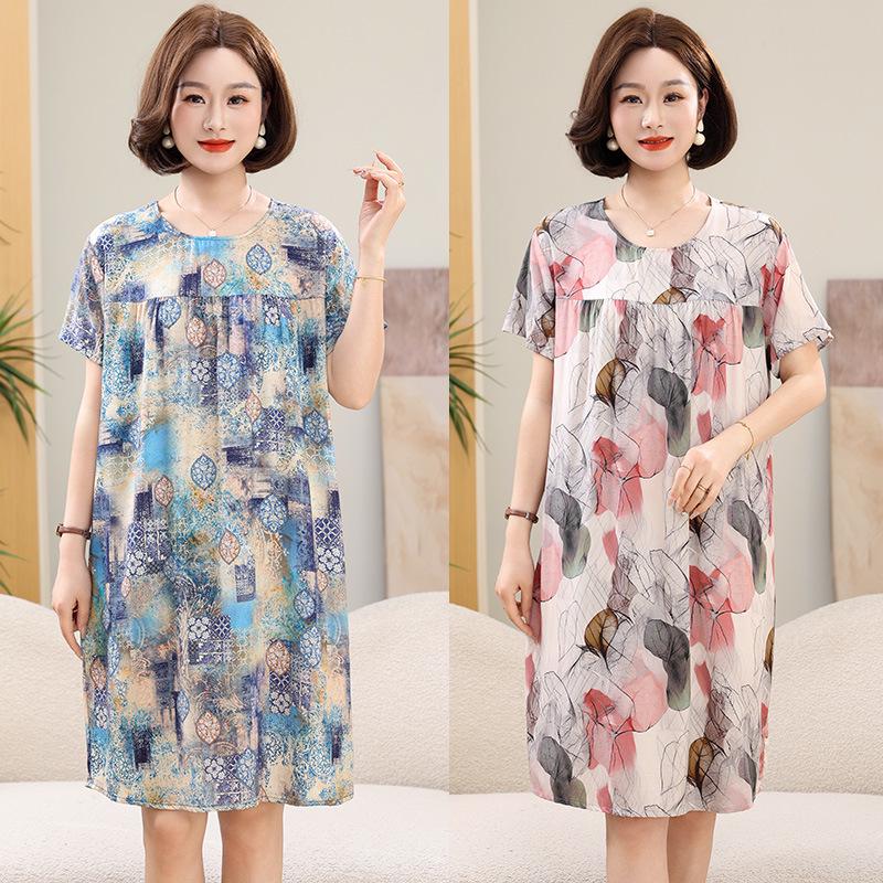 Women's Floral Print Cotton Silk Knee-Length Dress - Plus Size, Short Sleeve, Lightweight & Loose for Middle-Aged & Elderly