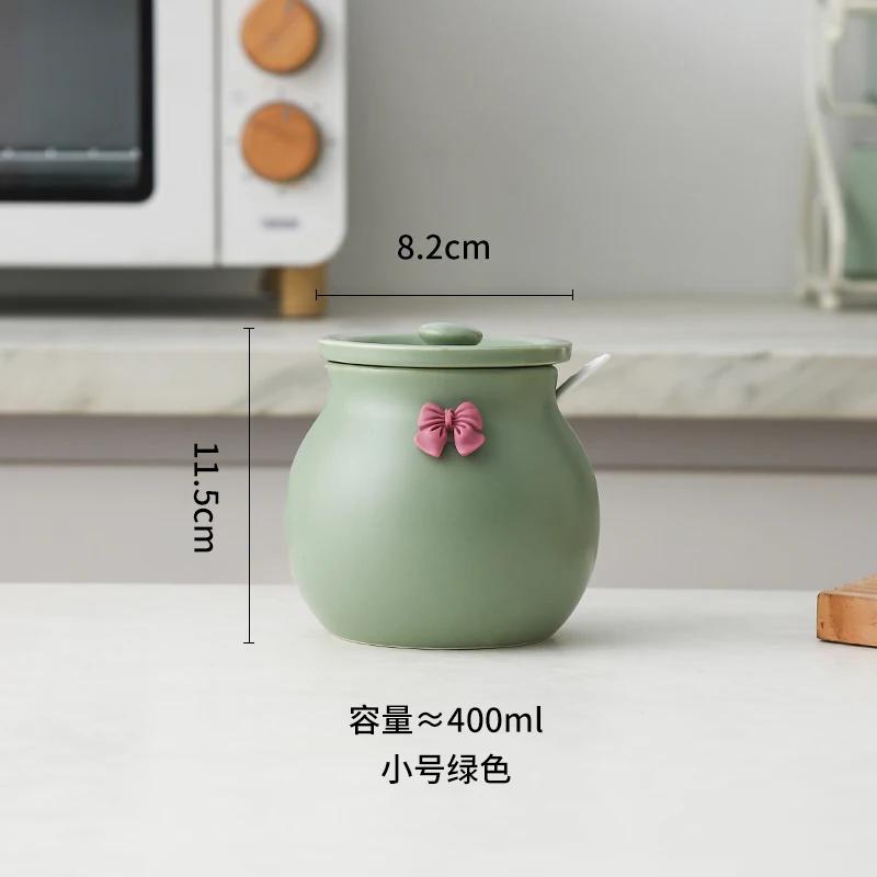 Household Ceramic Seasoning Pot Container with Lid Spoon Ceramic Sugar Bowl Seasoning Box Salt Pot Tea Pot Kitchen Countertop