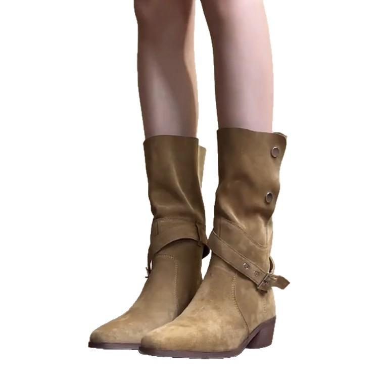 Soft Leather Version~ Handsome Frosted Leather Square Head Knight Boots Belt Buckle Fold Over Two Wear Buckle Thick Heel Desert Western Boots