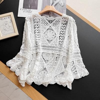 Camiseta de punto de encaje para mujer, verano, cuello redondo, hueca, manga larga, holgada, básica, top blanco, camiseta, chaleco, tops, ropa