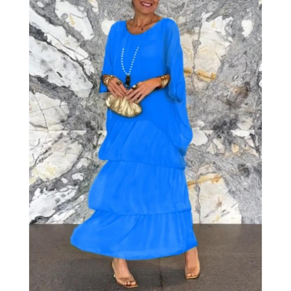 

HNXC Женская мода лето весна однотонный принт короткий рукав О-образный вырез повседневные платья XXXL синий