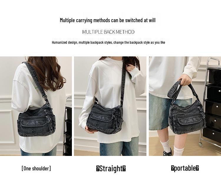 Retro Crossbody Washed Denim Multi-Zipper Small Commuter Bag