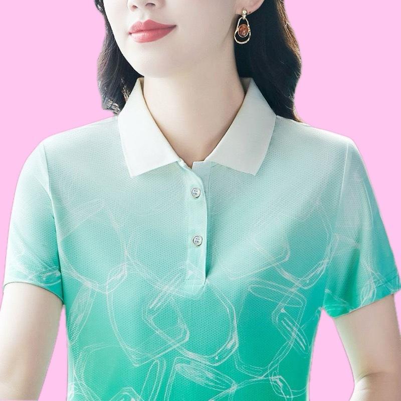 Women Short-sleeved T-shirt Summer New Mother Printed Color Polo Shirt Top Large Size Lapel T-shirt Summer Clothing