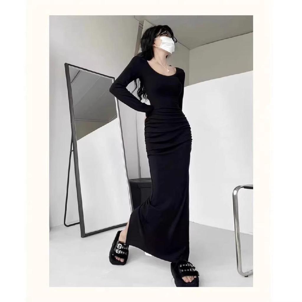 French Retro Solid Color Dress - 2026 Slim-Fit Waist-Cinching Skirt for Spring/Autumn