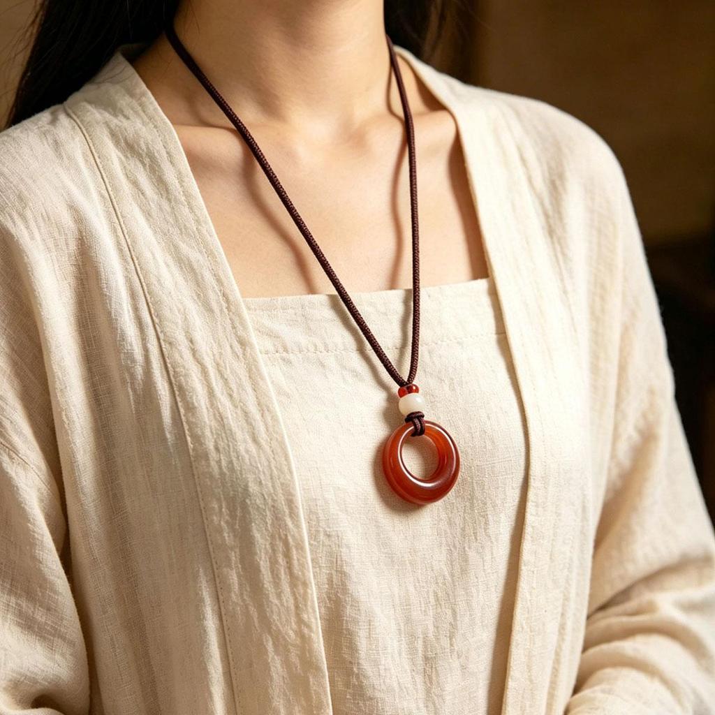 Retro Ethnic Style Brown Circle Necklace Long Fashion Pendant Braided Rope Sweater Chain Simple Daily Accessories Autumn Winter
