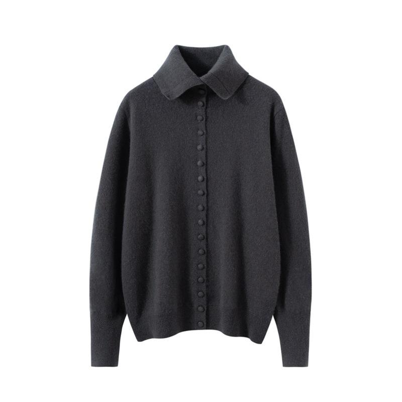 Women's Soft Solid Color Cashmere Knit Cardigan with POLO Collar