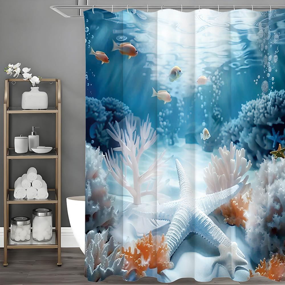 Underwater World Starfish Coral Shower Curtain, Bathroom Decorative Shower Curtain, Waterproof Shower Curtain with Hooks