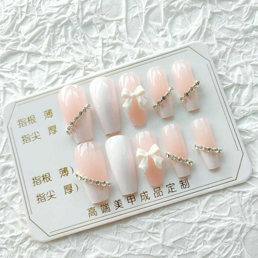 B417 Hypotenuse Chain Fairy Ice-Translucent Bow Nail Patch - Finished Product, Internet Celebrity Style Fake Nails