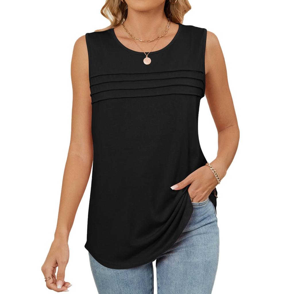 Spring Summer New Women's Solid Color Crew Neck Loose Sleeveless T-shirt Vest Casual Daily Tops For Leisure Leisure Trade Ready To Ship