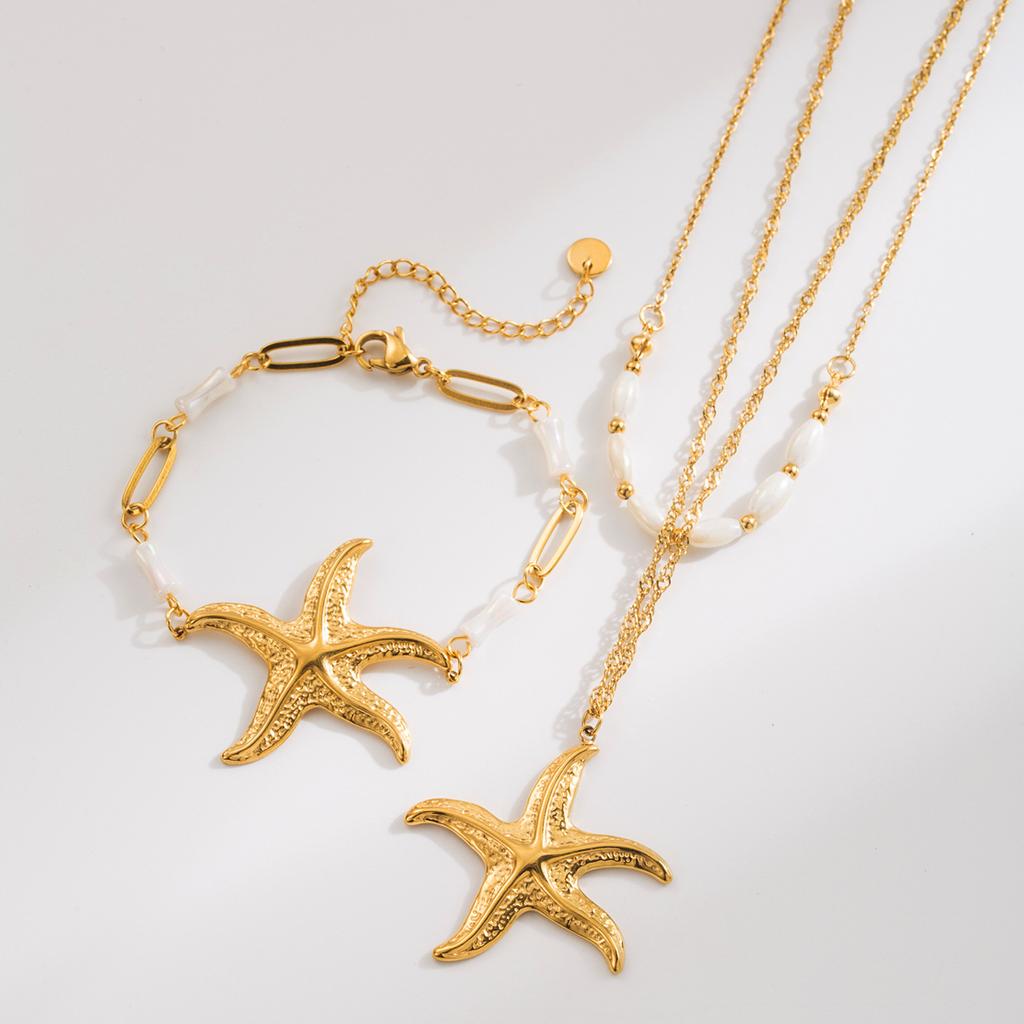 Summer new retro ocean series starfish pendant stainless steel necklace paperclip shell chain bracelet