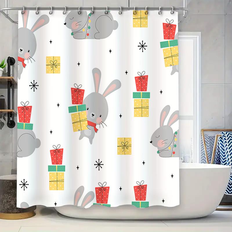 

Adorable Christmas Bunny Rabbit Gift Box Pattern Waterproof Shower Curtain for Bathroom Decor Home Decoration Accessories in Kit 90x180cm