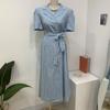 C S In The Room CheCk Double Button Flare Short Sleeve Long dreSS waiSt StrapSet
