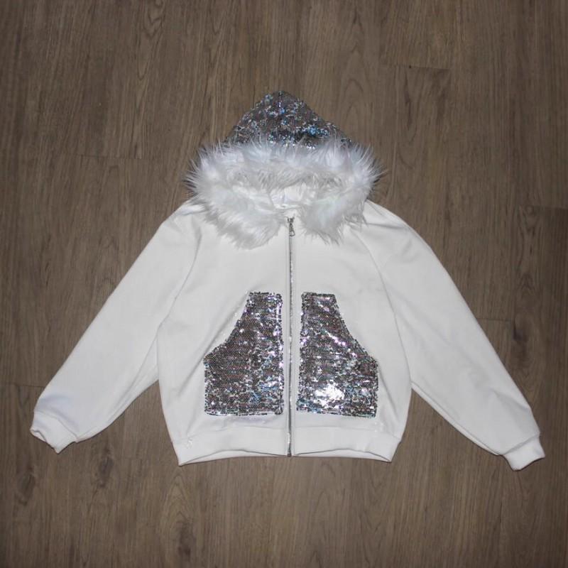 Fall Winter Loose Fit Hoodie Sequin Decor Faux Fur Trim High Street Hip Hop Rock Style Streetwear Women S XL