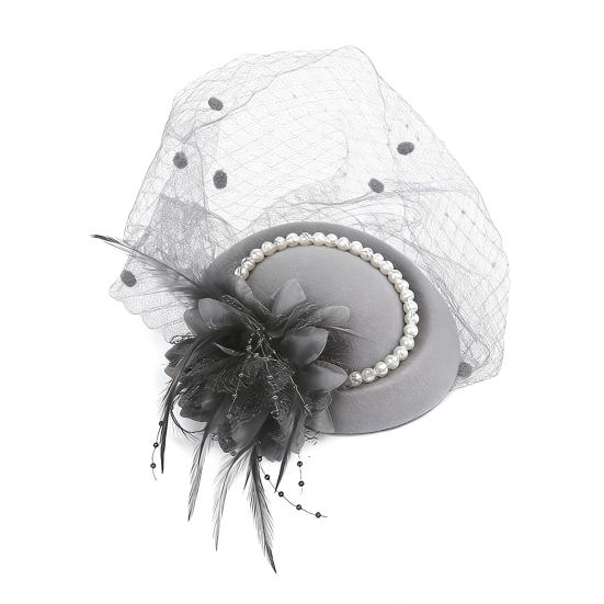 Women Fascinator Hat Feather Mesh Imitation Pearls Decor Pillbox Hat Small Top Hat Daily Party Hair Accessory