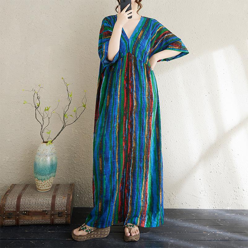 

Dimanaf Новое летнее платье большого размера с V-образным вырезом для женщин, базовое повседневное платье с коротким рукавом из льна в полоску, свободное длинное платье One Size синий