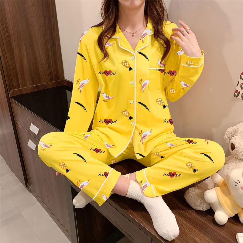 Spring And Autumn Pajamas Women'S Cardigan Long-Sleeved Trousers Korean Girls' Simple Cartoon Loungewear Suit Can Be Worn Outside