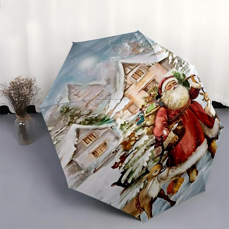 1 Stück Weihnachtsmann, verschneites Dorf Schirm automatisch öffnen/schließen, 8-Speichen stabiler Rahmen, kompaktes faltbares Design, ideales Geburtstags-/Feiertagsgeschenk 1203A