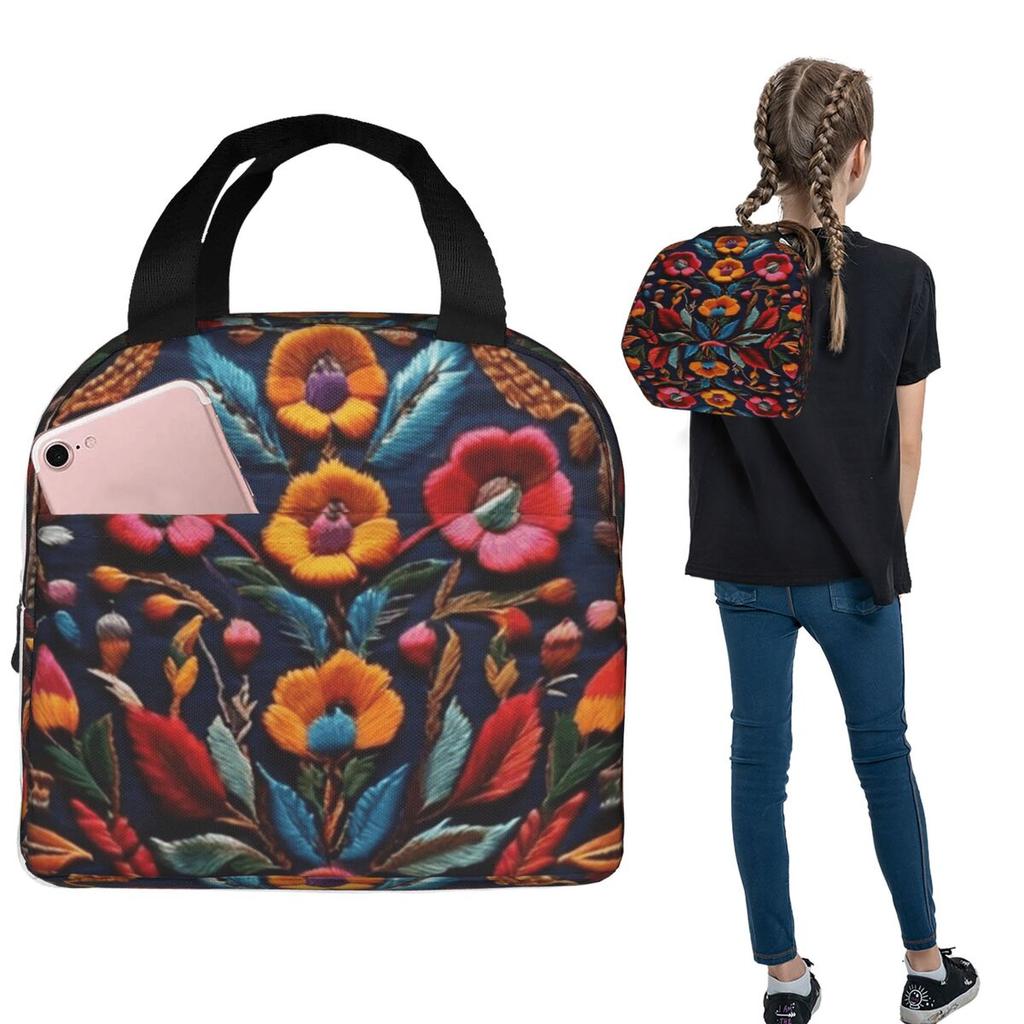 Mexican Embroidery Floral Insulated Lunch Bag for Women Children Leakproof Food Boxes Thermal Lunch Box Tote